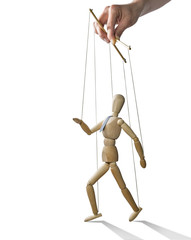 Puppet in the hands of puppeteer walks on isolated, white background.  Puppet is presented in...