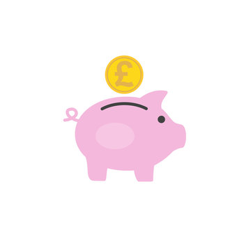 Money box pig with pound coin inserting in it. Flat style icon. Vector illustration