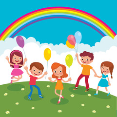 Group of cheerful children with balloons playing on the lawn