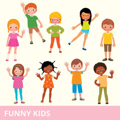 Set of children of different nationalities in various poses laughing and having fun