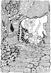 Coloring book page for adult and children. A4 size. Black and white abstract fantasy picture. Old tree, leaf, stairs. Hand-drawn, ethnic, doodle