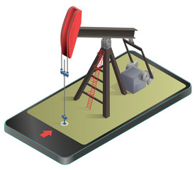 Vector oil extraction pump in mobile phone in isometric perspective. Oil well industry production, oilfield equipment in communication technology, paraphrase. Isolated illustration on white background