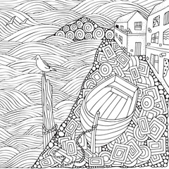 Seaside promenade. Wooden boat lying on the shore. Adult coloring book page in zentangle style. Black and white. Doodle. Vector.