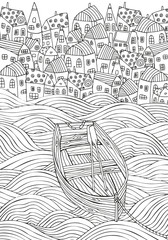 Wooden boat floating on the waves. Seaside, homes, boat, sea. Doodle vector. Black and white pattern for adult coloring book.