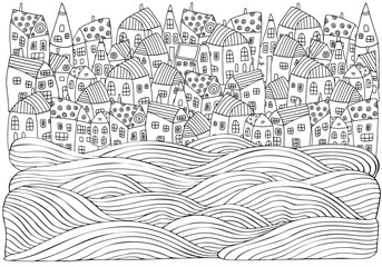 Sea Waves and houses. Seaside, homes, boat, sea, art background. Hand-drawn doodle vector. Black and white pattern for adult coloring book.