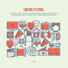 Cinema festival concept with thin line icons related to film. Vector illustration for banner, web page, announcement.