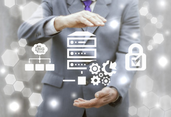 Database table with server storage, network and security in datacenter. Man connecting network and...