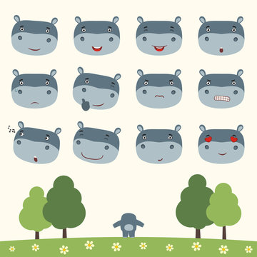 Emoticons set face of hippo in cartoon style. Collection isolated heads of hippo in different emotion and body on meadow with trees.