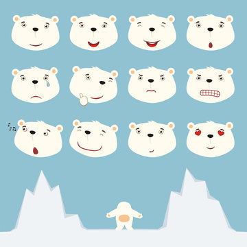 Emoticons set face of polar bear in cartoon style. Collection isolated heads of polar bear in different emotion and body on ice.