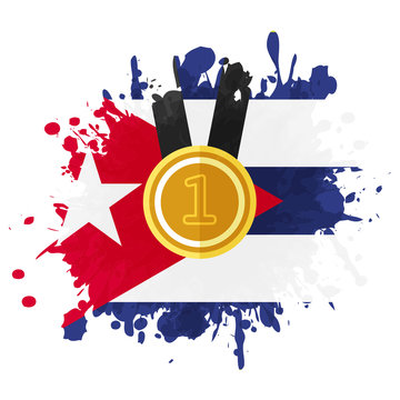 gold medal with number one on color splash with cuba flag background