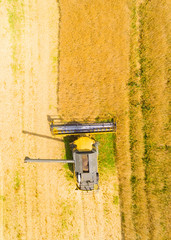 Aerial view of combine harvester. Harvest of rapeseed field. Industrial background on agricultural theme. Biofuel production from above. Agriculture and environment in European Union. 