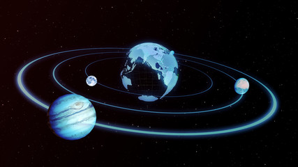 Holograms of the planet earth, moon, Jupiter moving along an ellipse in space 3d illustration