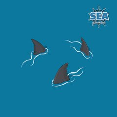 Fototapeta premium Shark fins on a blue background. Danger fish in isometric style. 3d illustration. Pirate game. Vector illustration 