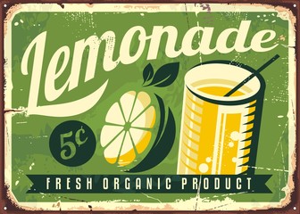 Lemonade vintage tin sign. Retro advertisement with lemon slice and glass of fresh lemonade. © lukeruk