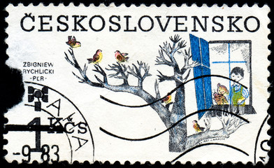 Obraz premium UKRAINE - CIRCA 2017: A stamp printed in Czechoslovakia shows 9th Biennial of Illustrations for Children and Youth, Zbigniew Rychlicki, circa 1983