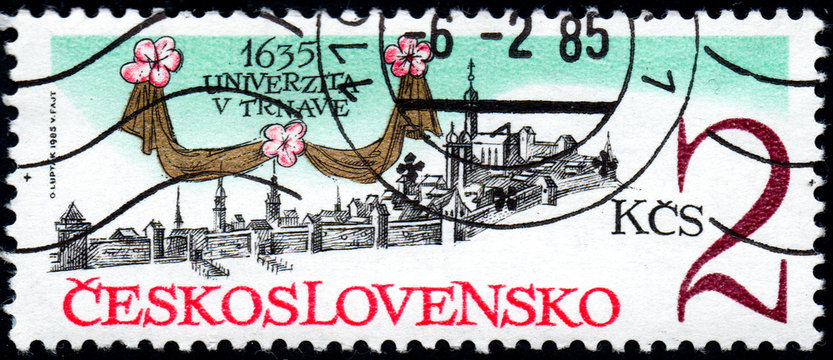 UKRAINE - CIRCA 2017: A stamp printed in Czechoslovakia shows 350th Anniversary of Trnava University, from series Anniversary, circa 1985