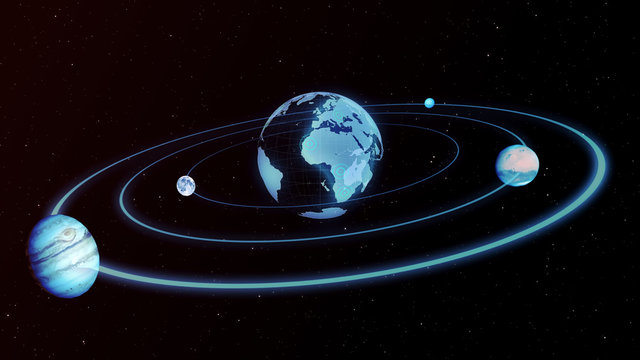 Holograms of the planet earth, moon, Jupiter moving along an ellipse in space 3d illustration