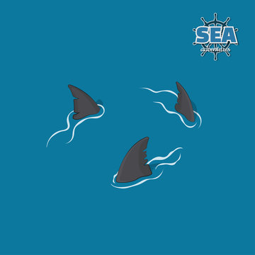 Shark fins on a blue background. Danger fish in isometric style. 3d illustration. Pirate game. Vector illustration
