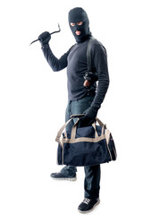 Bandit with crowbar and big bag for loot on white background