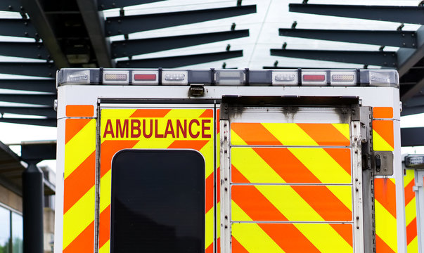 An Ambulance Drives Into An Accident & Emergency Ward Of A Hospital