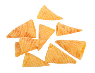 Crunchy corn snacks on a white background