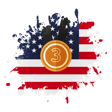 bronze medal with number three on color splash with american flag background