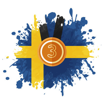 bronze medal with number three on color splash with sweden flag background