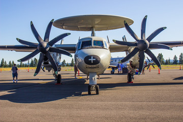 Close Up Of Aircraft With Huge Propellers & Jet Engines At Air Show