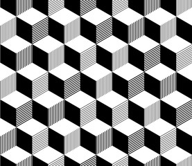 Abstract 3d striped cubes geometric seamless pattern in black and white, vector