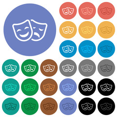 Comedy and tragedy theatrical masks round flat multi colored icons