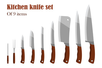 Knifes set or Kitchen knives. Cutlery Set. Vector illustration.