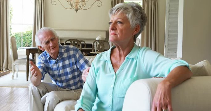 Senior couple arguing with each other in the living room