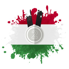 silver medal with number two on color splash with hungary flag background