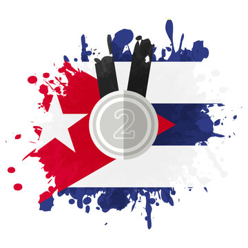 silver medal with number two on color splash with cuba flag background