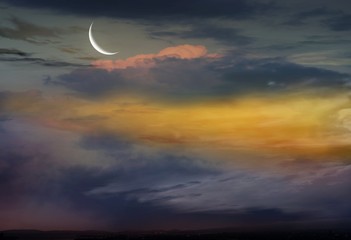 Obraz na płótnie Canvas Ramadan background . Red sunset and moon . Mubarak background . Against the background of clouds . beautiful sky . Dramatic nature background 