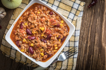 Chili con carne in a bowl.