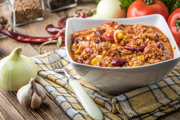 Chili con carne in a bowl.