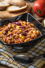 Chili con carne in a bowl.