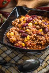 Chili con carne in a bowl.