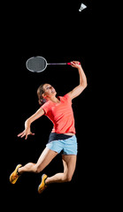 Woman badminton player isolated (without net version)