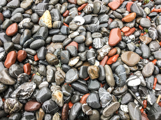 Wet pebbles on beach ocean, Maine, USA