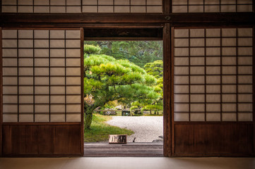 Japanese garden seen through sliding door.