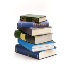 Stack of books on white background