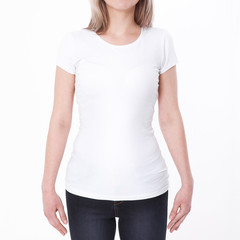 Obraz premium Shirt design and people concept - close up of young woman in blank white tshirt front and rear isolated. Mock up template for design print