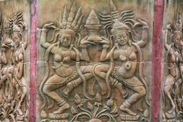 Female stone carvings  at Wat Tai Phra Chao Yai Ong Tue,Ubonratchathani Province,Thailand.