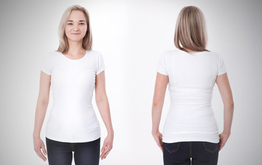 Shirt design and people concept - close up of young woman in blank white tshirt front and rear isolated. Mock up template for design print