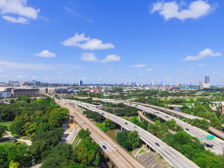 Aerial view west-central area in Houston from downtown. Allen Parkway,  Memorial Dr, Gulf freeway,...