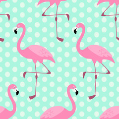 Cute exotic tropical seamless background with cartoon characters of pink flamingos