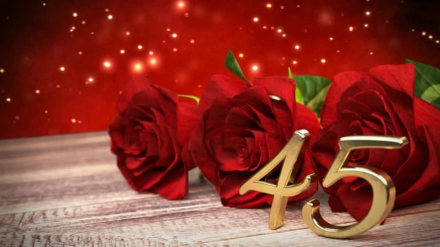 seamless loop birthday background with red roses on wooden desk. fortyfifth birthday. 45th. 3D render