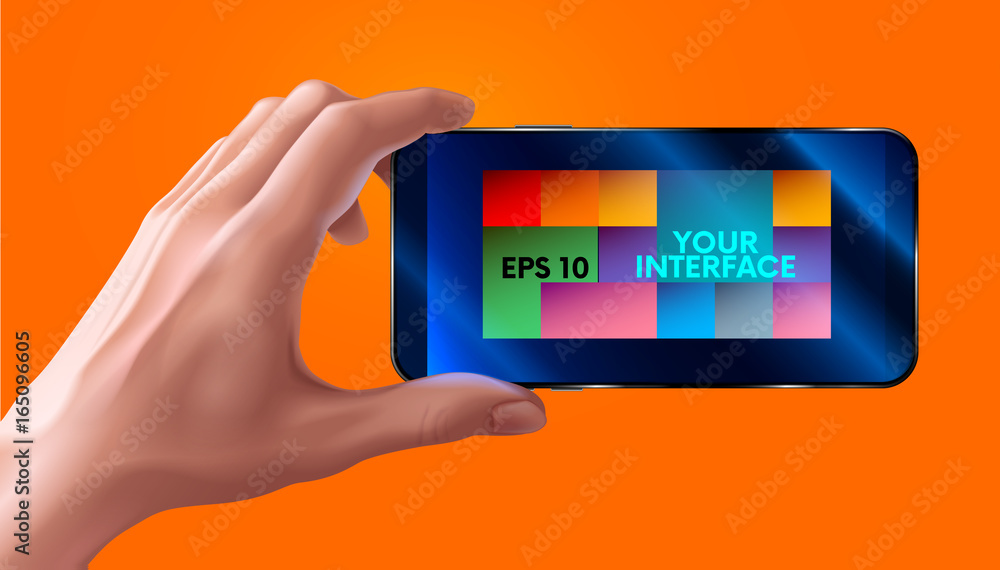 Poster hand holding mobile smart phone with blank screen. horizontal. photo realistic vector